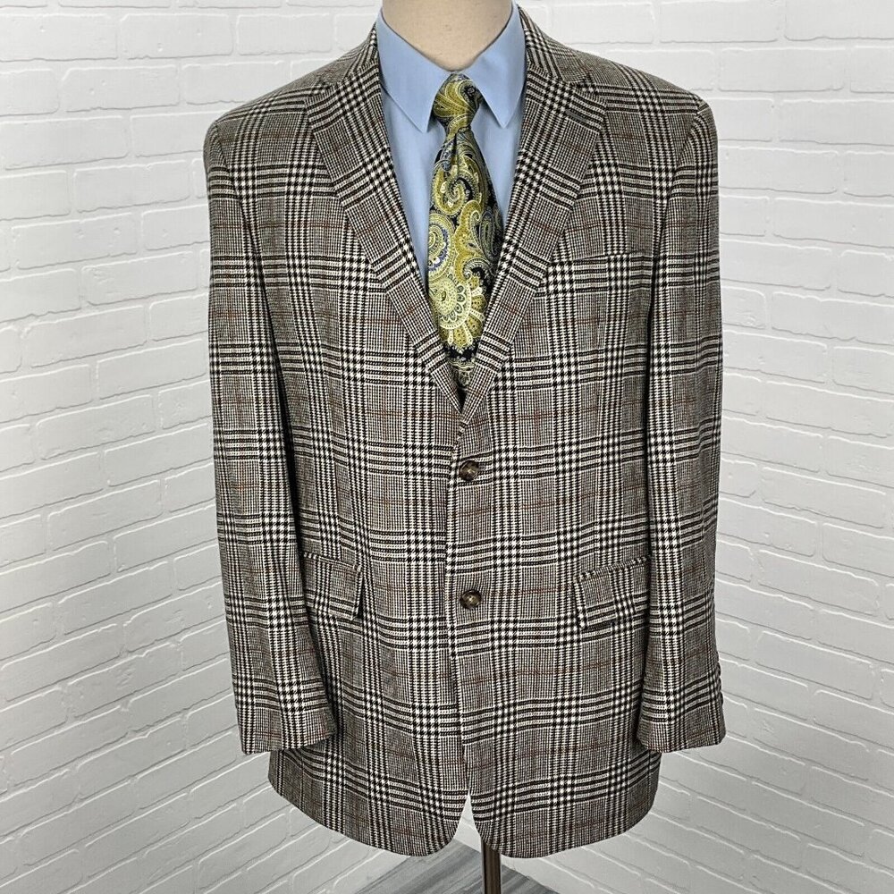Hickey Blazer Men‎ 42R Black Brown Big Houndstooth Plaid Wool Suit Jacket VTG
